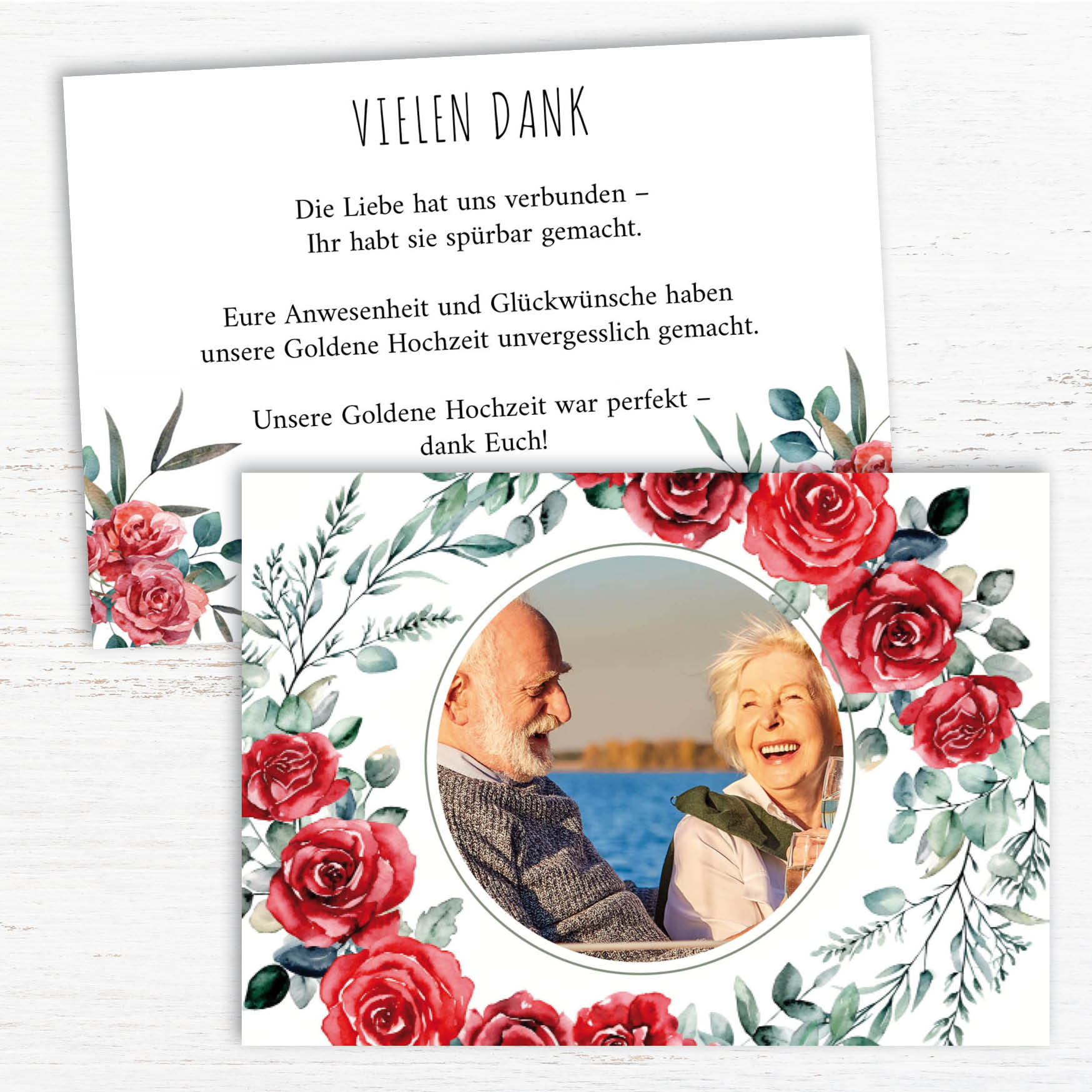 Danksagungskarte zur Goldenen Hochzeit: Romantische Rosen mit Foto